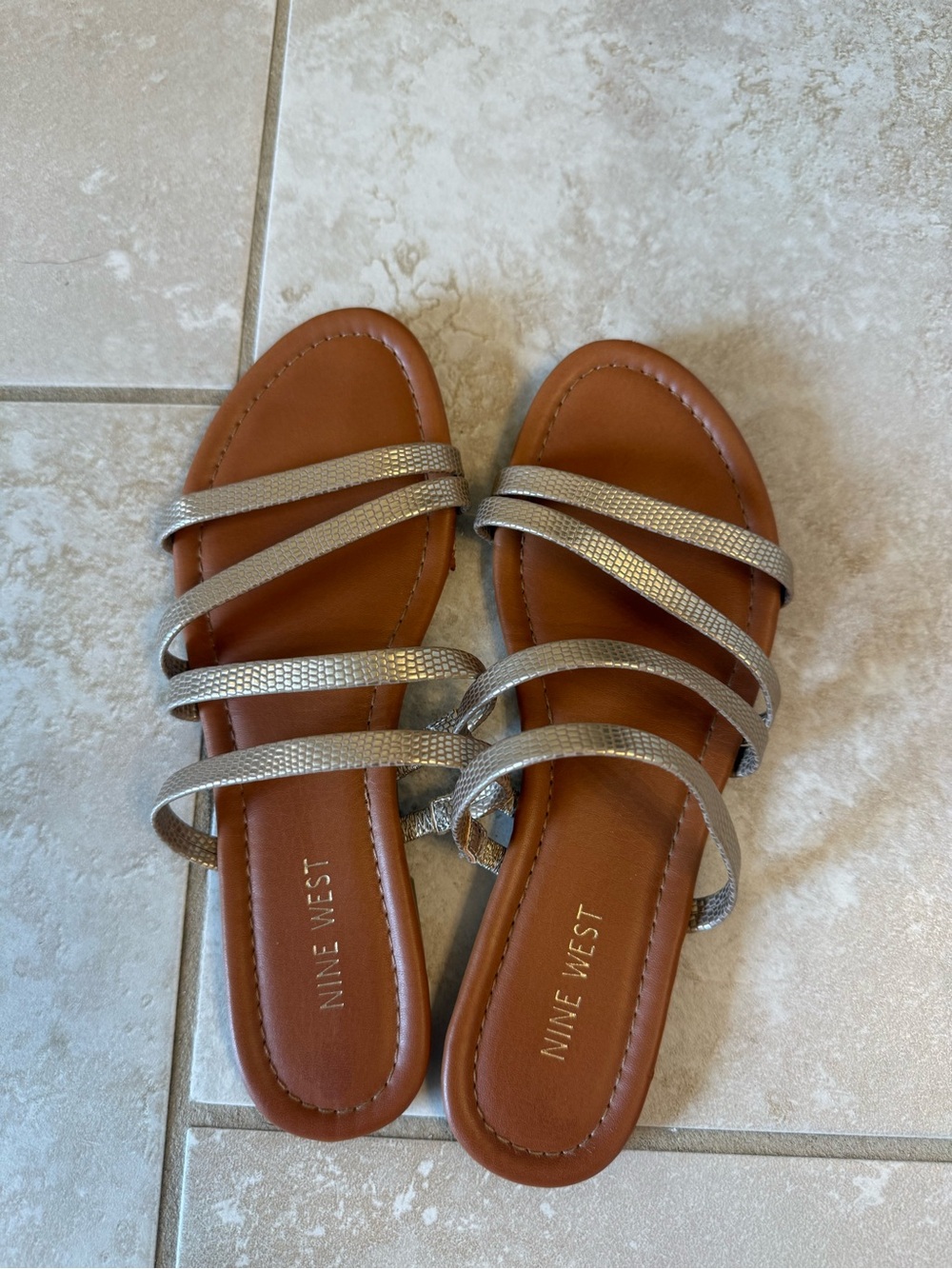 Nine West Women's Tan Sandals with Silver/Goldish Strappy Accent